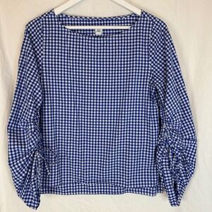 GAP‎ Women's Blue Gingham LS Ruched Tie Cuff Top Blouse XS Preppy Coastal